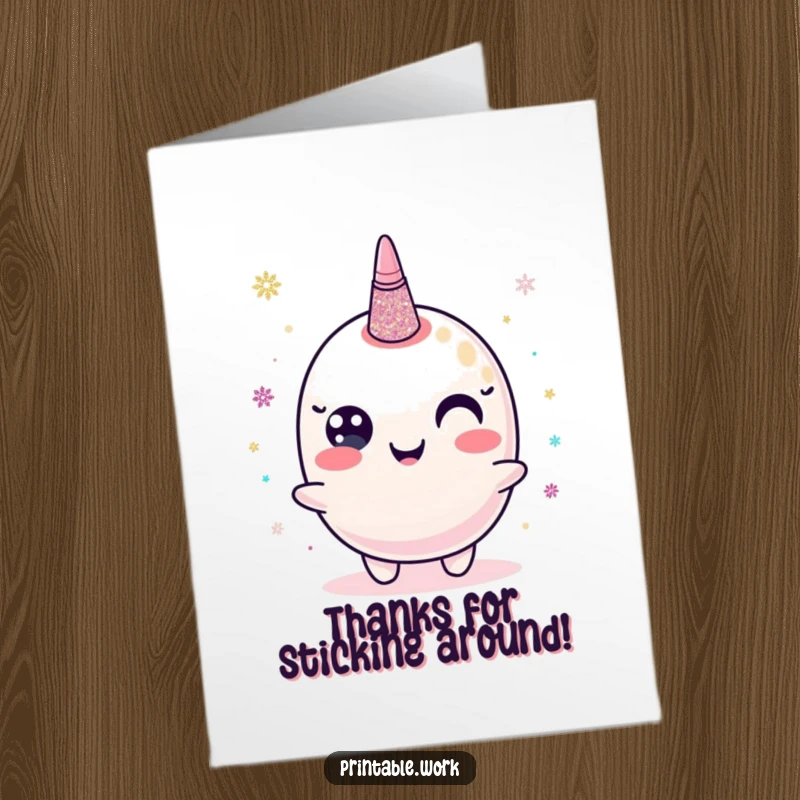 Funny Free Printable Thank You Card depicting a happy glitter glue character dispensing shimmering dots as a token of thanks.