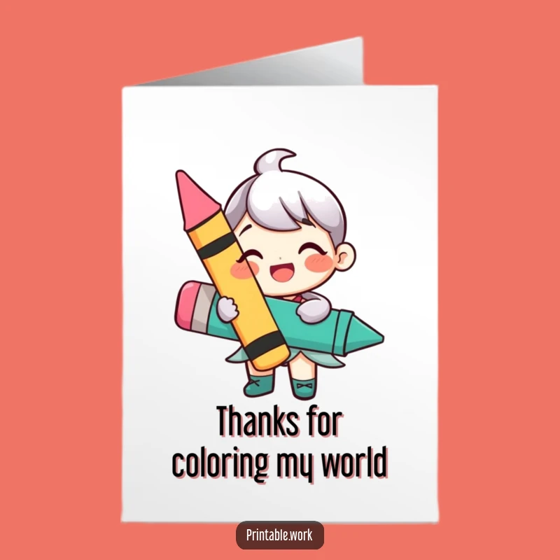 Free Printable Thank You Card: Grateful Crayon Character Spreading Appreciation