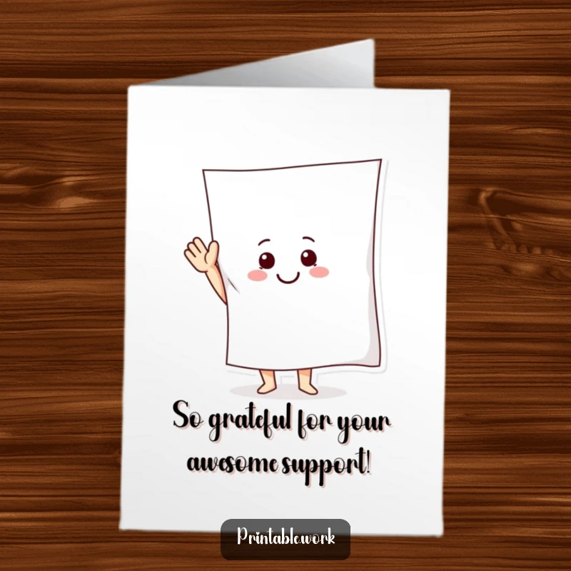 Funny Free Printable Thank You Card: Happy paper character waving a big sheet, expressing sincere thanks with a cheerful demeanor.
