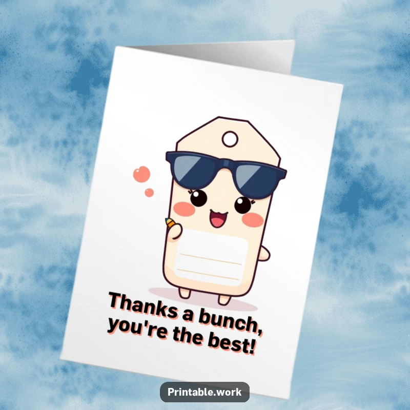 Funny free printable thank you card with a paper tag character happily sighing and presenting a small pencil.