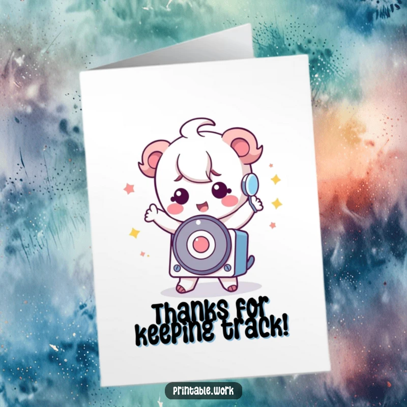 Funny Free Printable Thank You Card: Kawaii character doing a silly dance with a rolodex, a charming thank you.
