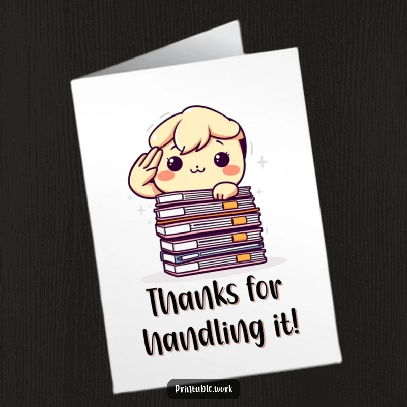 Funny Free Printable Thank You Card: A determined Kawaii office worker salutes a massive stack of files, showing gratitude for the work done.