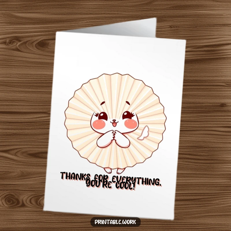 Funny free printable thank you card depicting a paper fan character with rosy cheeks fluttering playfully to show thanks.