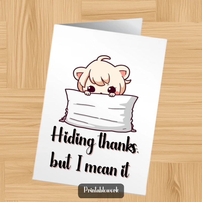 Funny Free Printable Thank You Card: Mischievous Kawaii character hiding behind paper, offering a sneaky thank you with a playful grin.