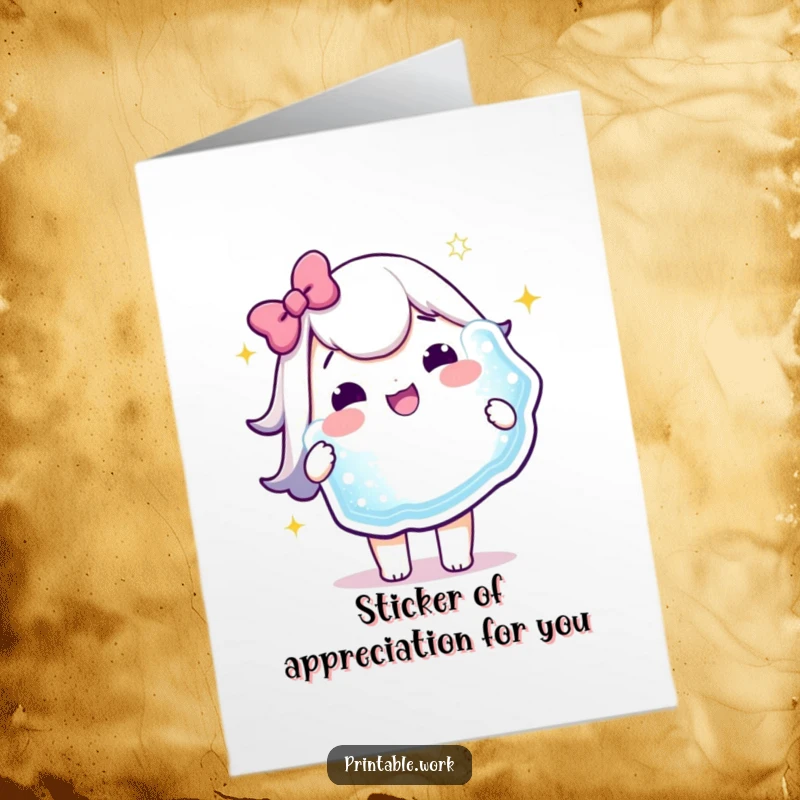 Funny Free Printable Thank You Card: A joyful Kawaii character beams while presenting a large, sparkling sticker, expressing sincere gratitude with style.