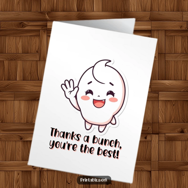 Funny Free Printable Thank You card showcasing a cheerful sticker character with a big smile and energetic wave, expressing thanks warmly.