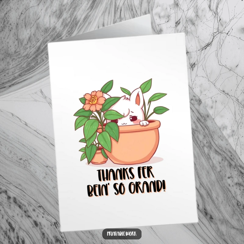 Funny Free Printable Thank You Card: A playful character is hiding behind a plant, giving a mischievous wink to say thanks.