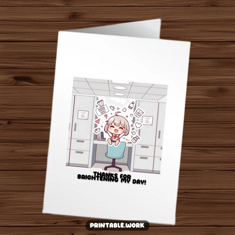 Funny free printable thank you card featuring a character decorating a cubicle with drawings, expressing thanks creatively.