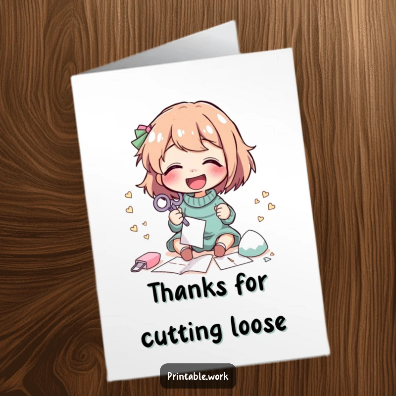Funny free printable thank you card of a character giggling while carefully cutting out detailed paper shapes with scissors.