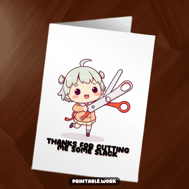 Funny free printable thank you card depicting a character doing a cheerful jig with oversized scissors, conveying thanks with flair.