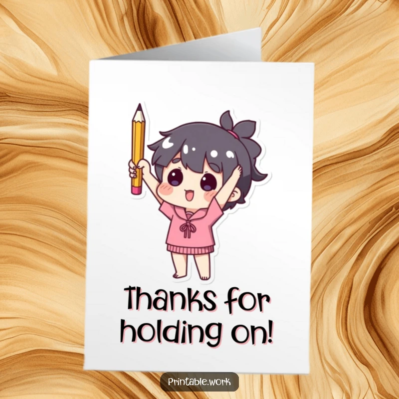 Funny free printable thank you card featuring a character triumphantly holding a single used pencil, expressing thanks humorously.