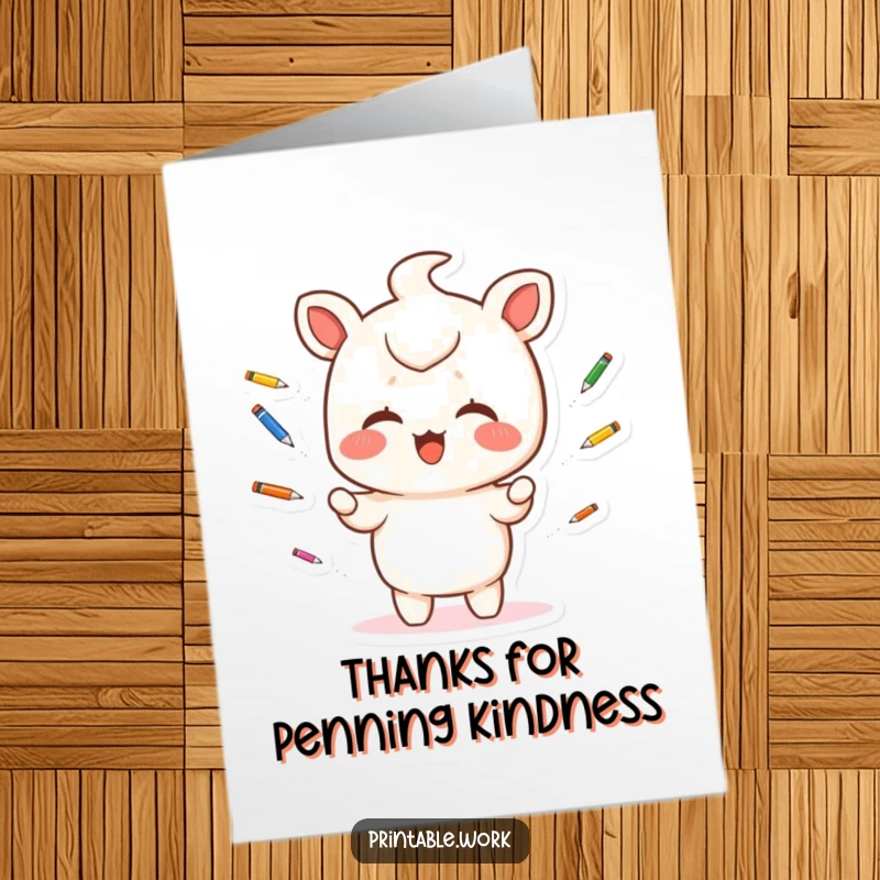 Funny Free Printable Thank You Card: A giggling Kawaii character juggles tiny, colorful pens, showing appreciation with a touch of artistic flair.