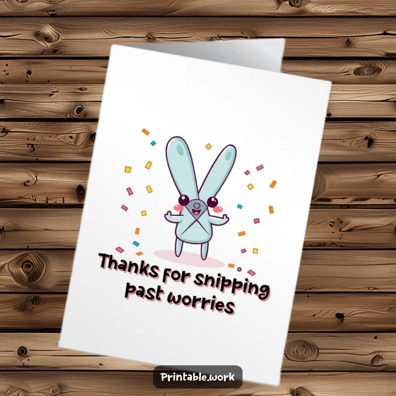 Funny Free Printable Thank You card featuring playful scissors character snipping confetti, a cheerful way to express thanks and joy.