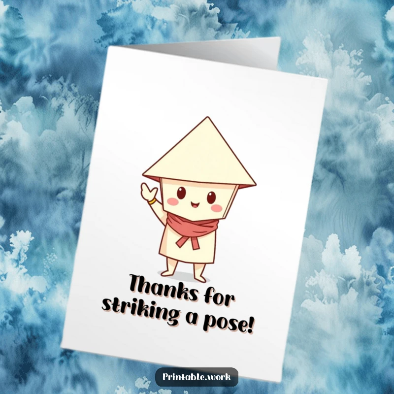 Funny Free Printable Thank You Card: Paper character with a folded hat striking a chic pose to say thanks.