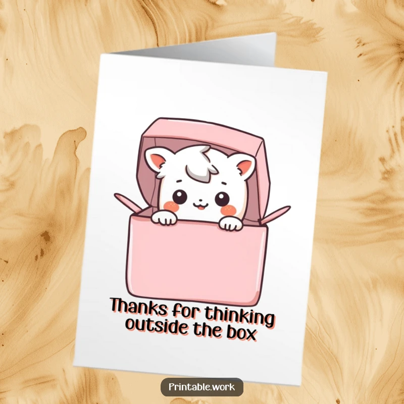 Funny Free Printable Thank You Card: A cheerful Kawaii character emerges from a bright box, offering thanks with a playful peek.