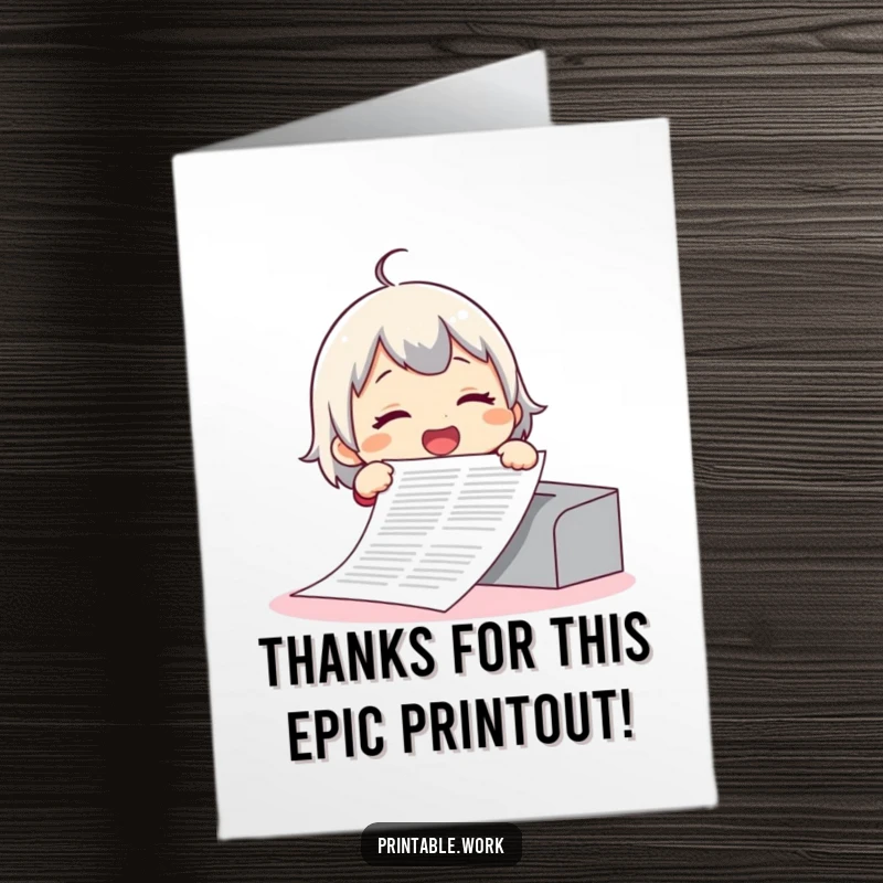 Funny Free Printable Thank You Card with a giggling character printing an endlessly amusing scroll.