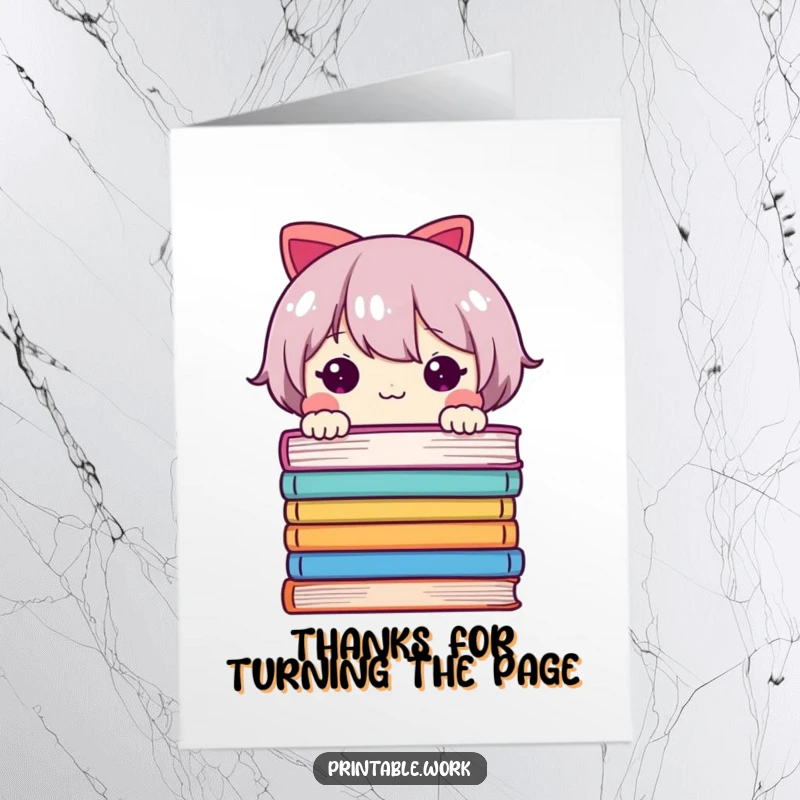 Funny Free Printable Thank You Card showcasing a sweet character peeking curiously from a stack of vibrant pages.