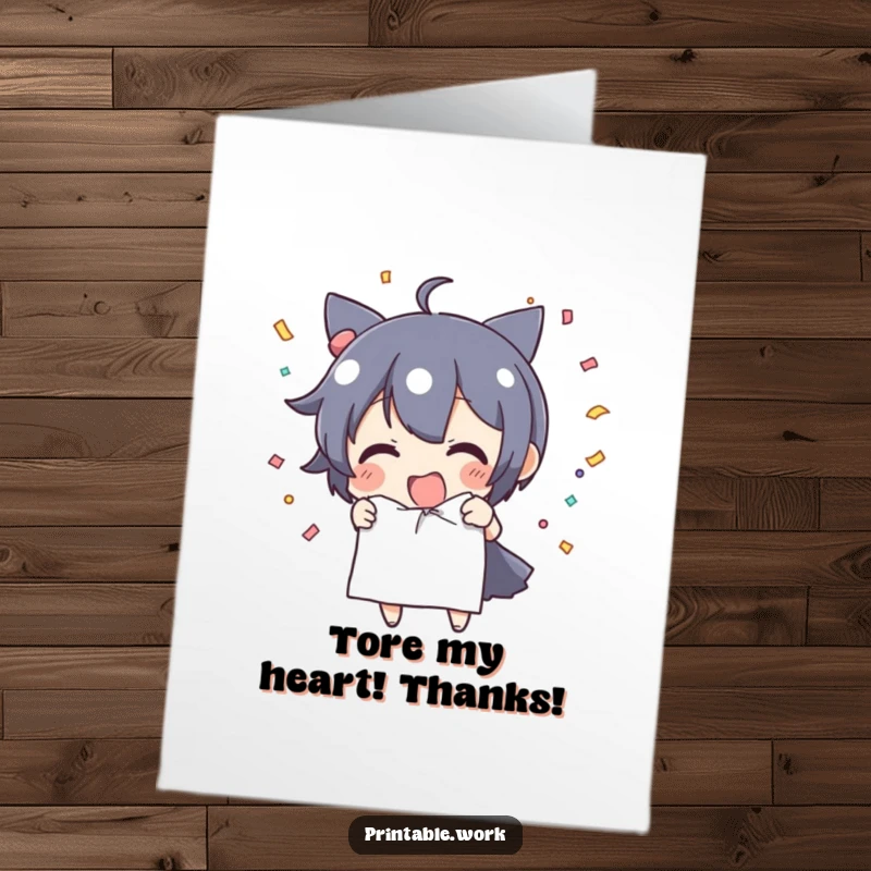 Funny free printable thank you card with a character tearing paper, releasing a delightful shower of confetti to express thanks.
