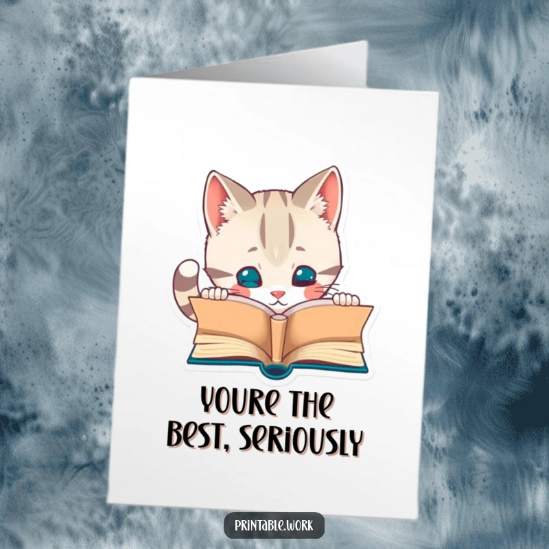 Funny Free Printable Thank You Card: Curious cat with glasses examining a tiny book, expressing thanks.