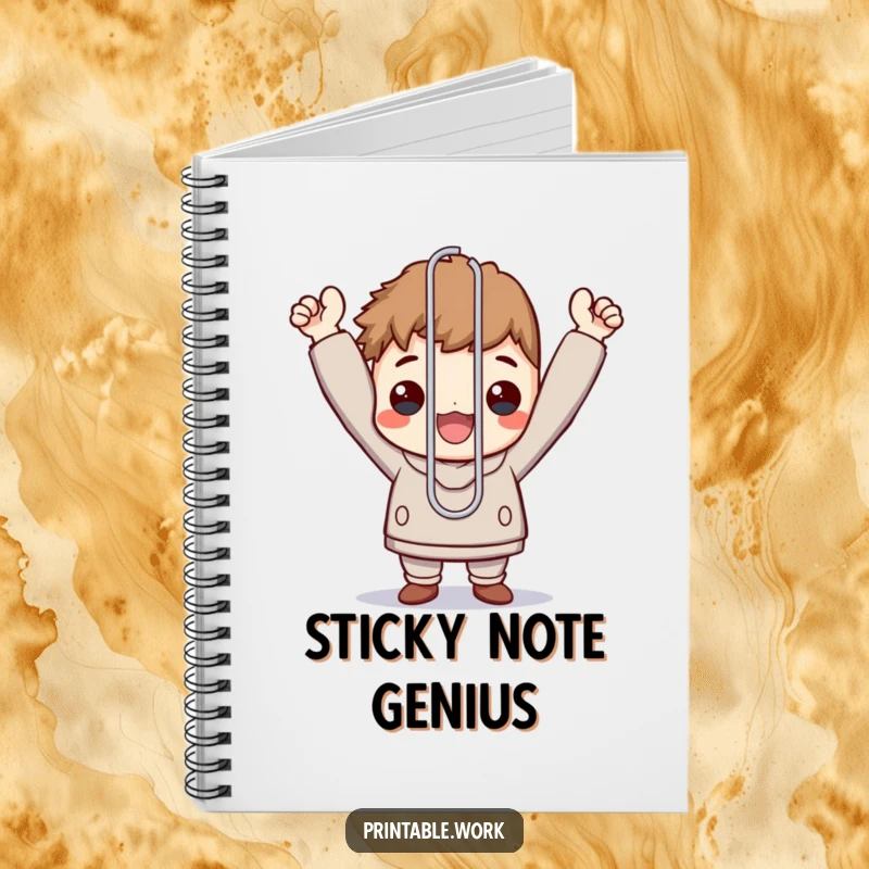 Funny notebook with a character triumphantly holding an oversized paperclip on the cover, achievement journal.
