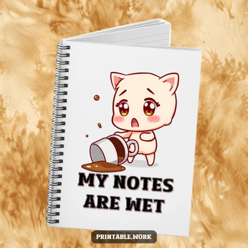 Funny notebook cover illustrating a character trying to catch a flying, spilled coffee mug, a humorous depiction of morning chaos.