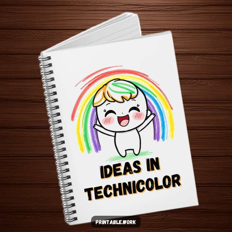 Funny delighted crayon character notebook, joyfully drawing a vibrant rainbow with colorful strokes, perfect for colorful note-taking.