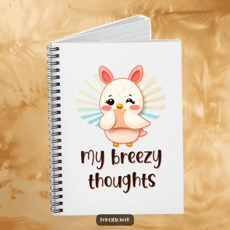Funny notebook cover with a rosy-cheeked paper fan character fluttering playfully, perfect for jotting down notes with a humorous and supportive theme.