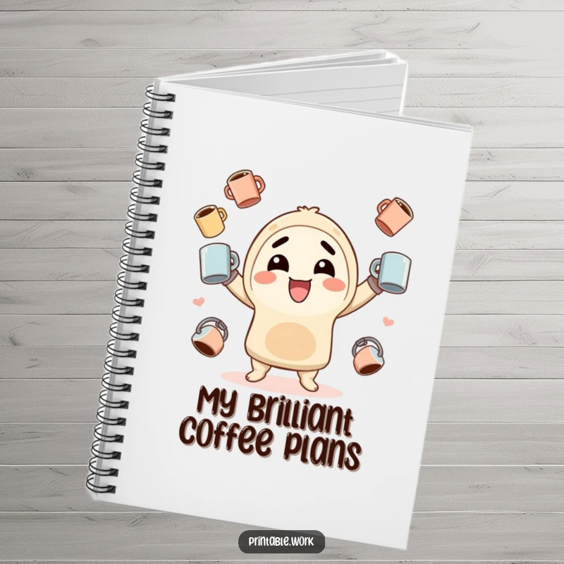 Funny Notebook: Cute kawaii character juggling coffee cups with enthusiasm, perfect for capturing notes and ideas with a smile.