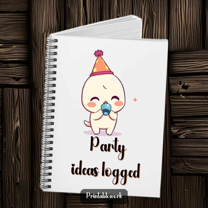 Funny Kawaii character wearing a party hat and blowing a noisemaker on a notebook cover, perfect for jotting down funny thoughts.