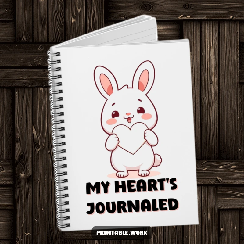 Funny Kawaii rabbit character cutting a heart shape on a notebook cover, encouraging heartfelt writing and creative ideas.