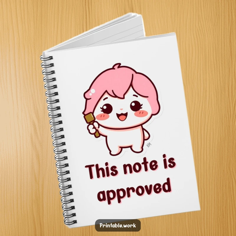 Funny notebook with a cute Kawaii character cheerfully stamping a vibrant icon onto a page.