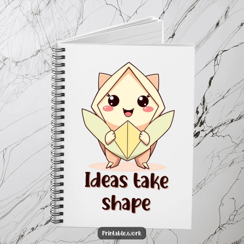 Funny notebook with a character presenting origami, ideal for jotting down creative ideas with artistic humor.
