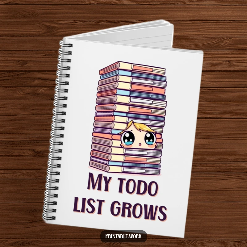 Funny character notebook, surprised looking at a towering stack of files with wide eyes, office humor, humorous stationery, gift.