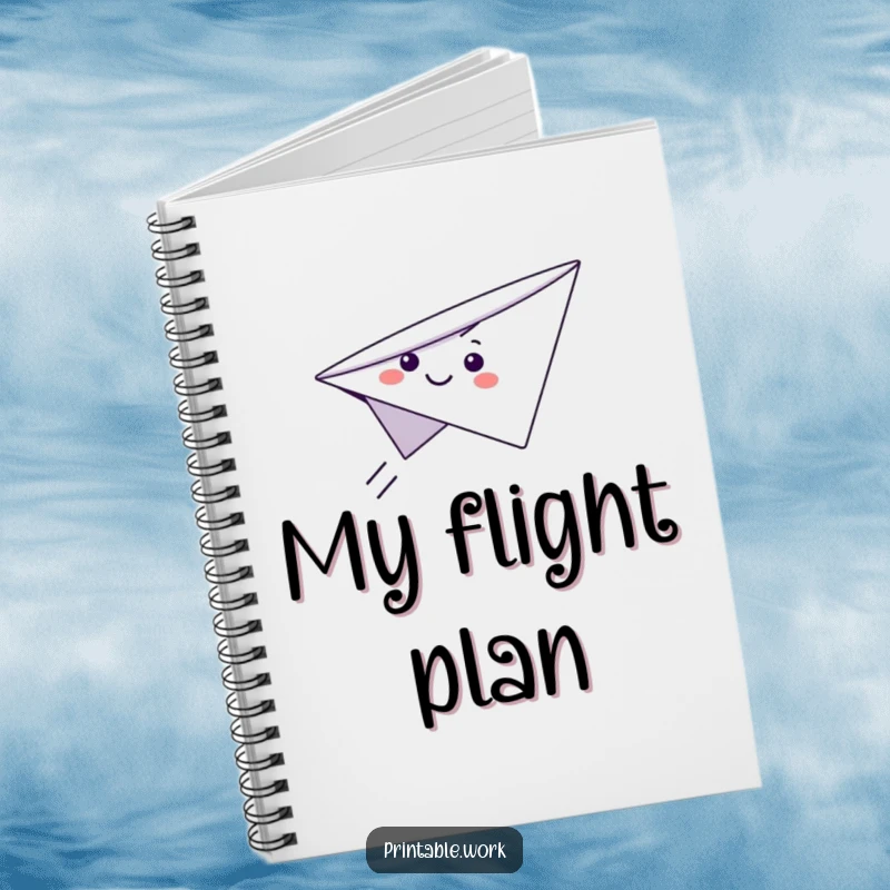 Funny Paper Airplane Notebook featuring a cute smiling paper airplane character in flight, designed for whimsical note-taking.