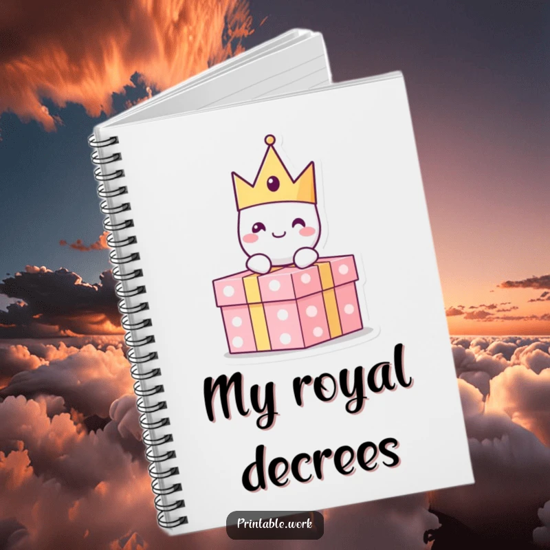 Funny paper crown character with a cheerful expression sitting atop a present, on the cover of a notebook, for planning events.