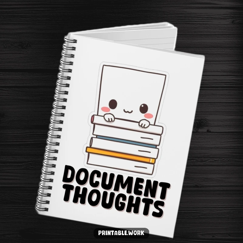 Funny notebook: Paper character shyly peeking from behind documents, ideal for journaling and note-taking.