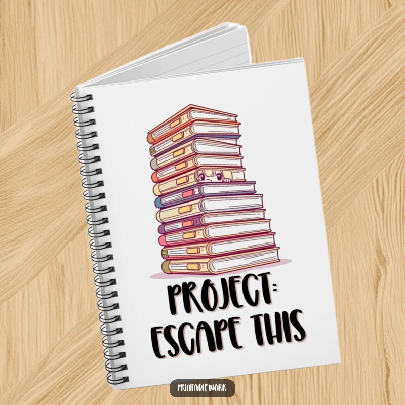 Funny notebook with a cover image of someone hiding behind a mountain of paperwork, ideal for notes and sketches.