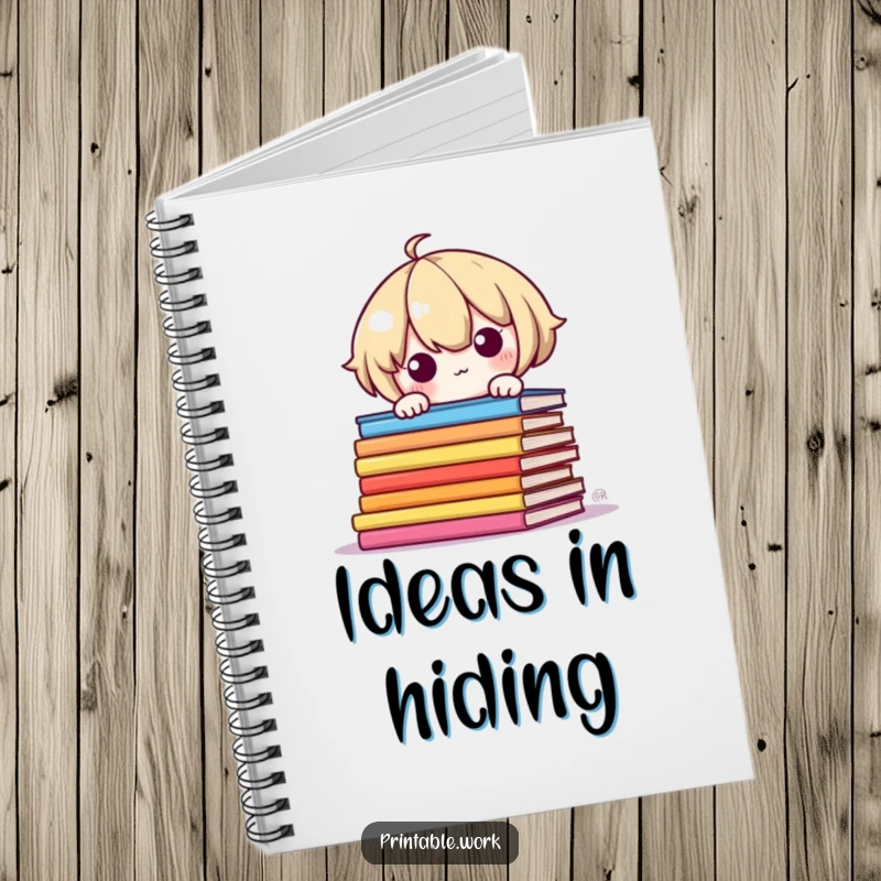 Funny Notebook: Shy Kawaii character peeking around colorful book pages, a cute and humorous journal.