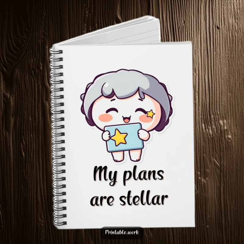 Funny notebook with a happy character, star on cheek, holding a stencil. Ideal for sketching, journaling, and creative notes.