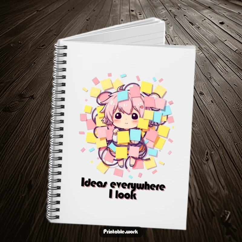 Funny notebook cover featuring a character comically entangled in sticky notes, ideal for capturing ideas.