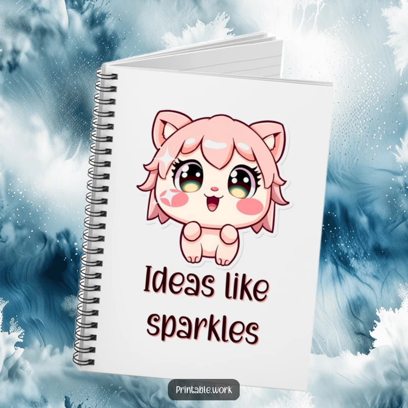 Funny Kawaii character with wide eyes staring at a sparkling sticker on a notebook cover, ideal for jotting down inspired ideas.