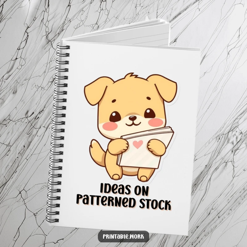 Funny Kawaii dog character holding a stack of patterned paper on a notebook cover, encouraging note-taking and planning.