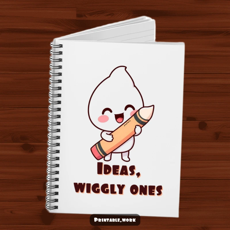 Funny notebook featuring a happy Kawaii character drawing a wiggly line with a giant crayon, designed for creative journaling.