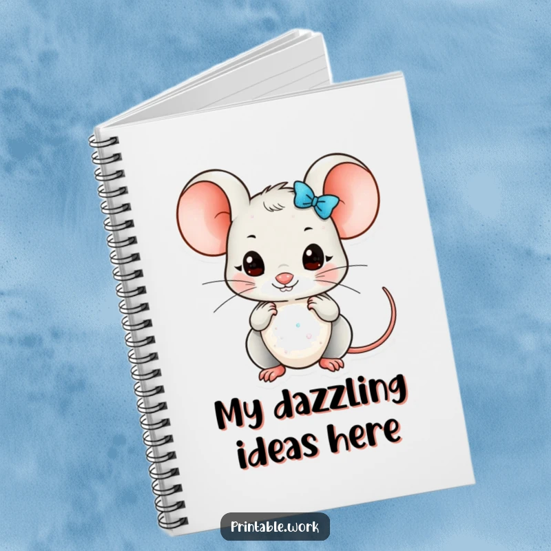 Funny Kawaii mouse character arranging glittery embellishments on a notebook cover, encouraging detailed note-taking and planning.