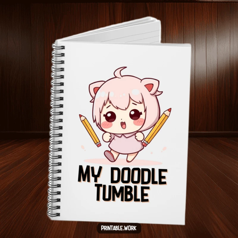 Funny Kawaii character hilariously tumbling with pencils on a notebook cover, ideal for jotting down funny thoughts and creative ideas.