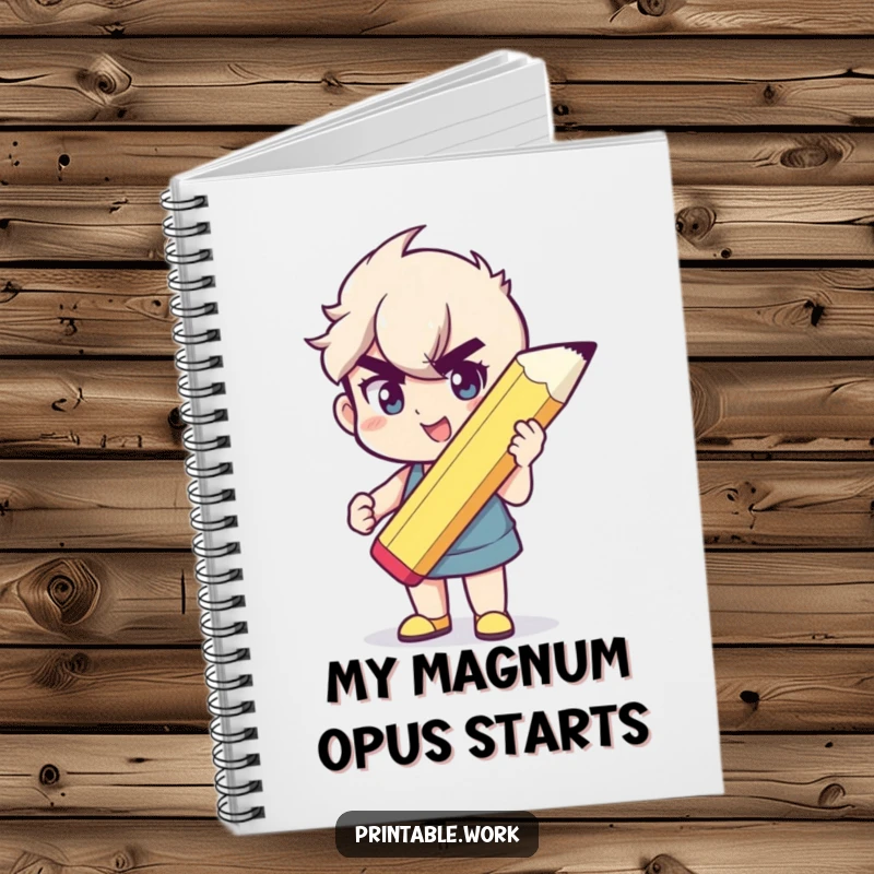 Funny notebook with a character holding a giant pencil, ideal for jotting down big ideas with humor.