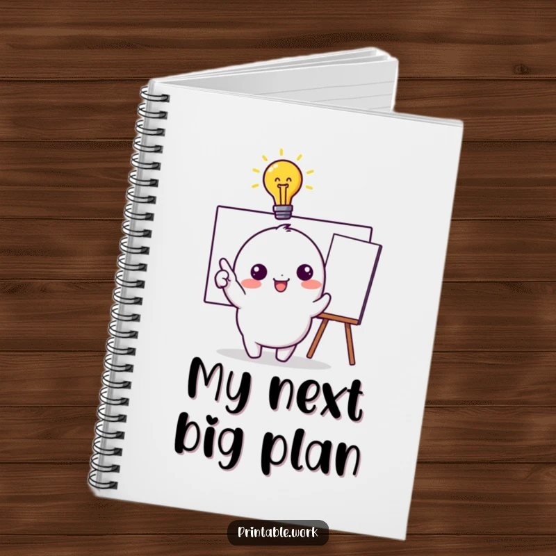 Funny Notebook: Cute kawaii character with a lit idea bulb points to a whiteboard, perfect for capturing thoughts and brilliant ideas.