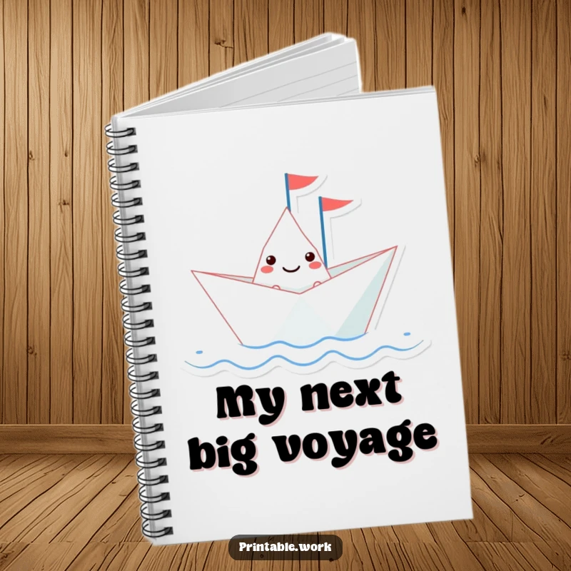 Funny paper boat character with a tiny flag sailing on a wavy line, on the cover of a notebook, for jotting down thoughts.