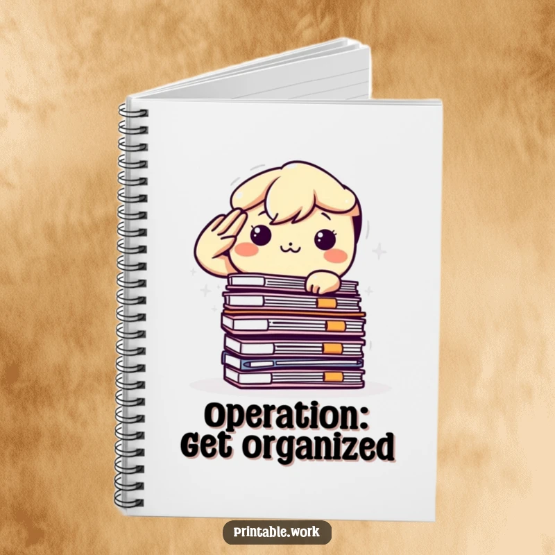 Funny Kawaii Notebook: A determined character salutes a large stack of files, ideal for note-taking and planning.