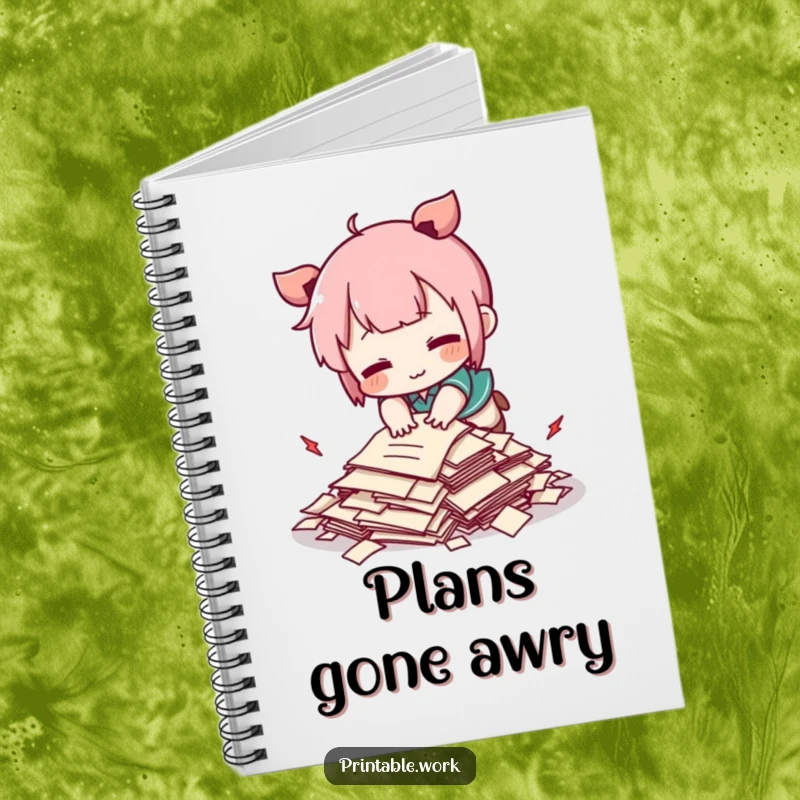 Funny Kawaii character comically tripping over a tiny pile of papers, on a notebook, perfect for jotting down notes humorously.